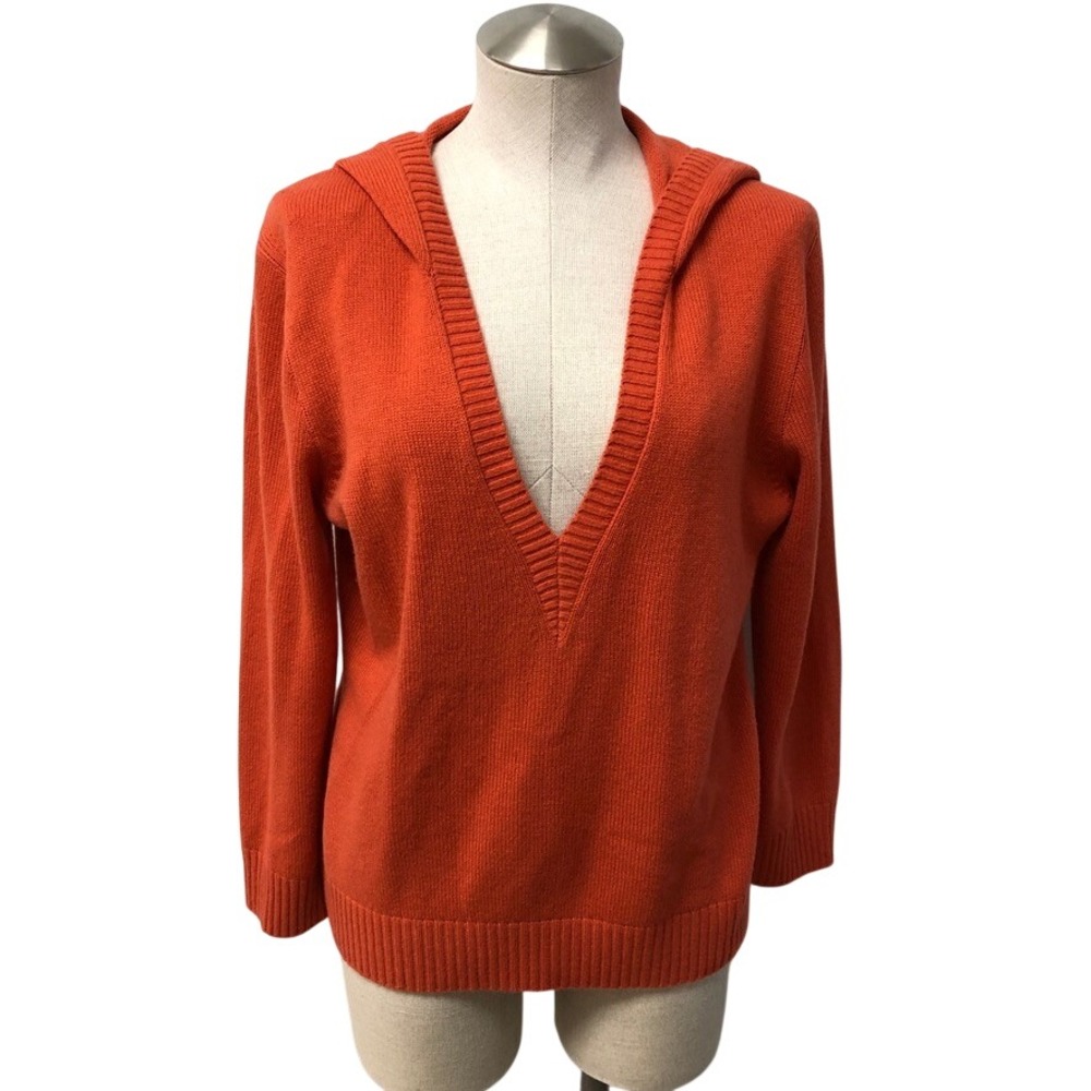 Michael Kors Hooded Sweater Womens Large Orange 100% Cashmere Deep V-Neck